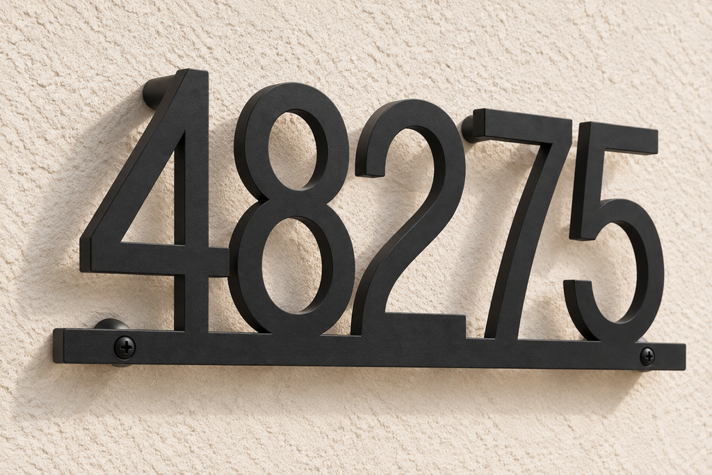 Black floating house number sign 48275 with bottom rail — angled mount view