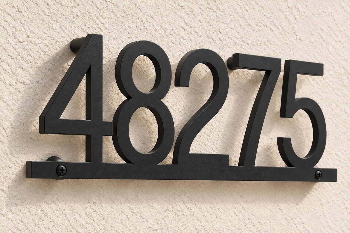 Black floating house number sign 48275 with bottom rail — angled mount view