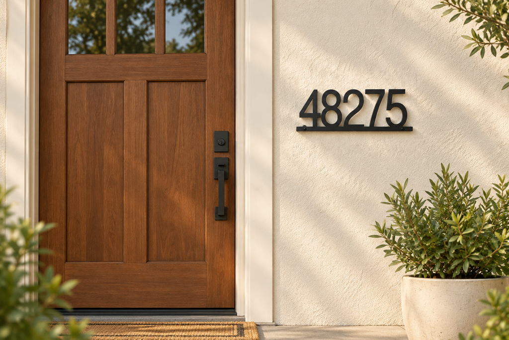 Black floating house number sign 48275 with bottom rail — front door view
