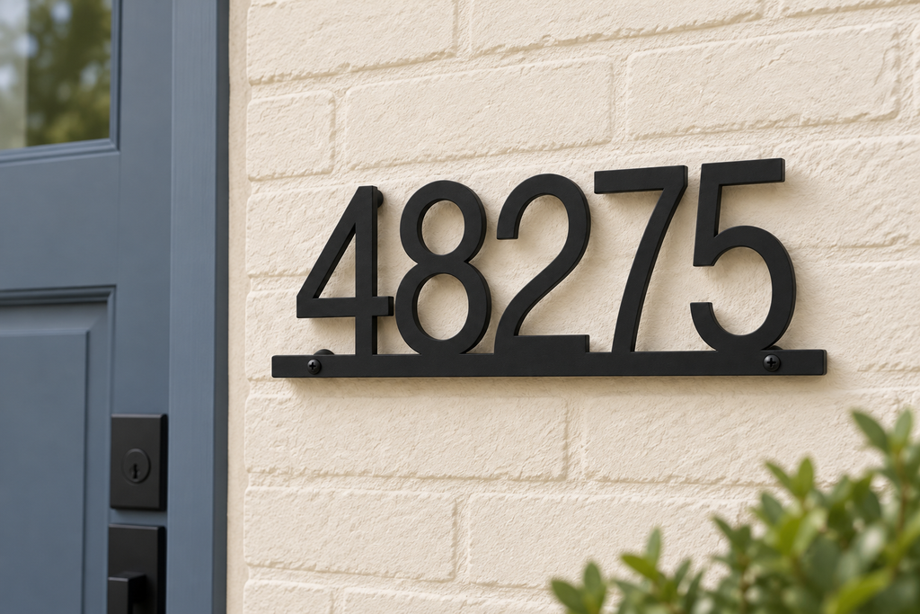 Black floating house number sign 48275 with bottom rail — brick entry view