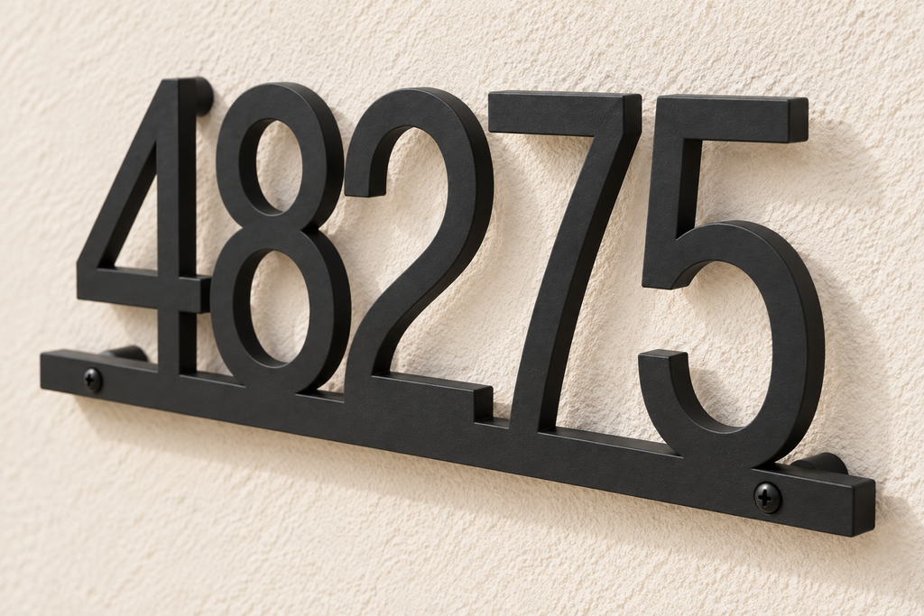 Black floating house number sign 48275 with bottom rail — finish detail view