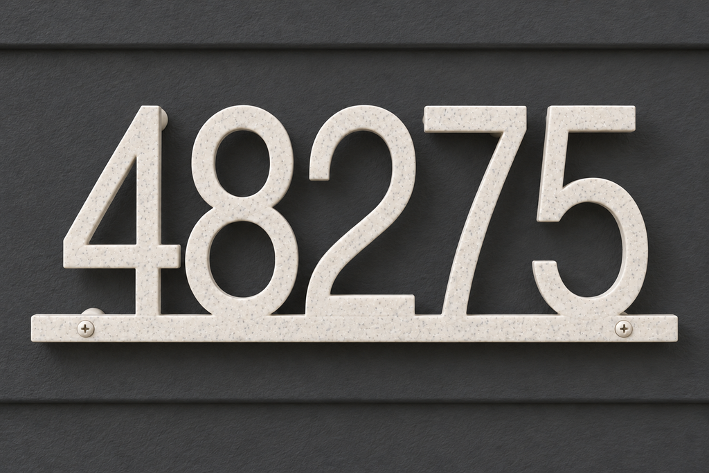 Marble floating house number sign 48275 with bottom rail — front hero view