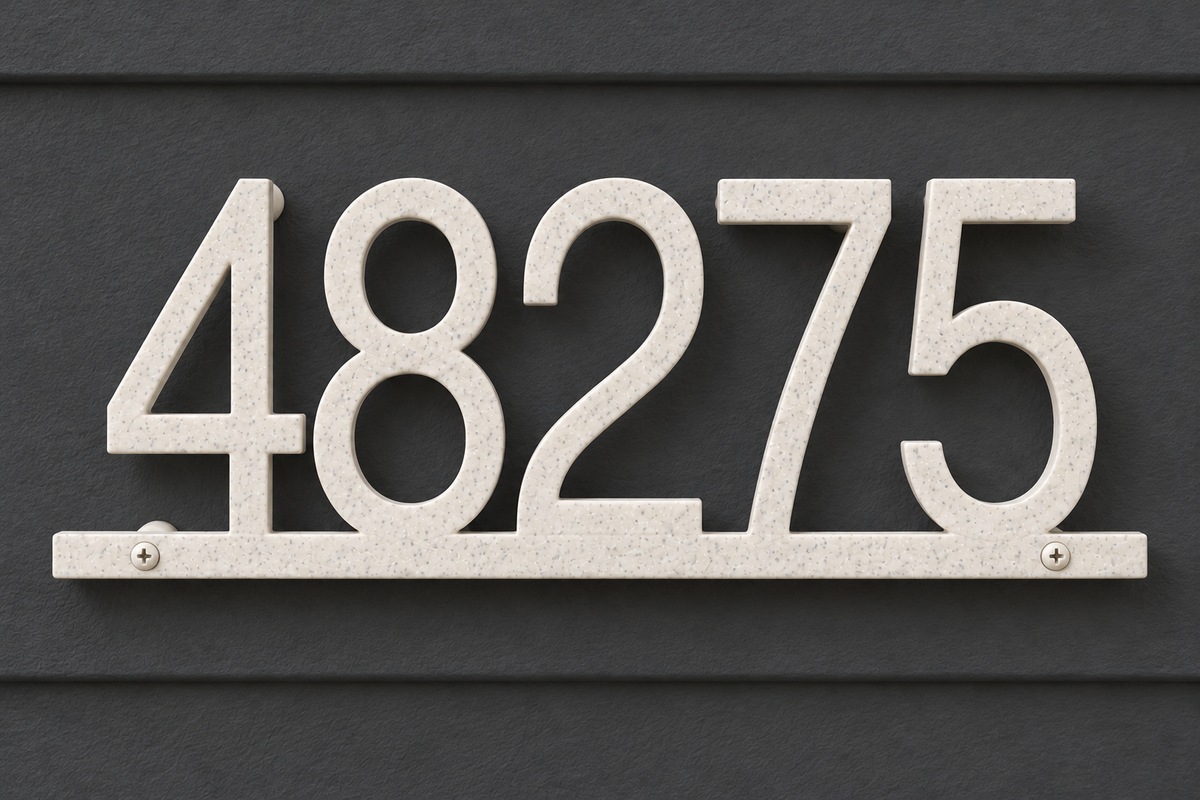 Marble floating house number sign 48275 with bottom rail — front hero view