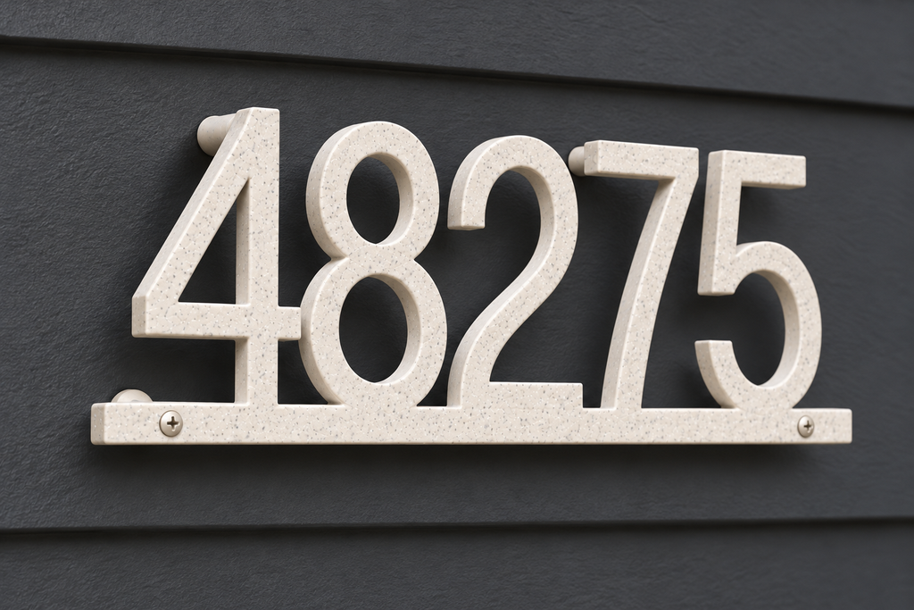 Marble floating house number sign 48275 with bottom rail — angled mount view
