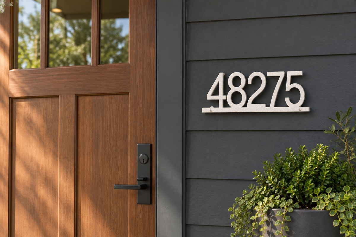 Marble floating house number sign 48275 with bottom rail — front door view