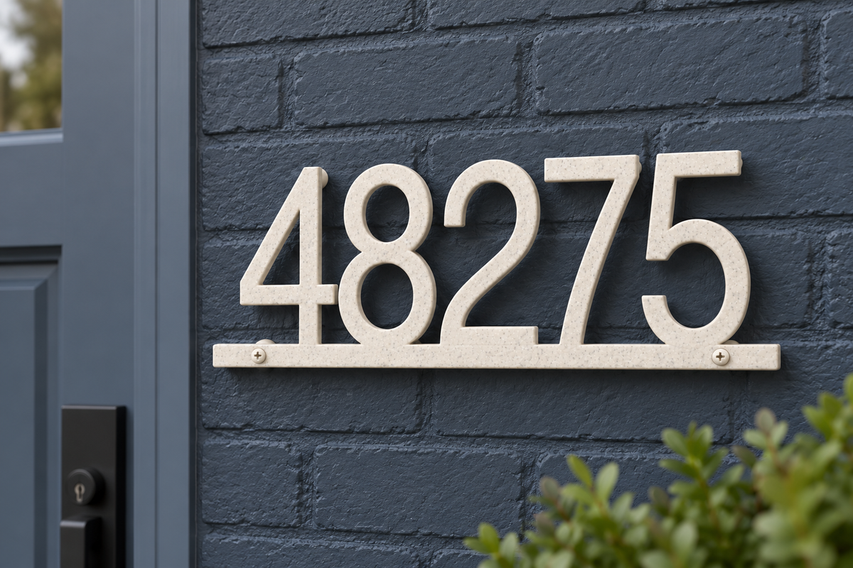 Marble floating house number sign 48275 with bottom rail — brick entry view