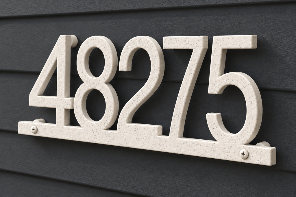 Marble floating house number sign 48275 with bottom rail — finish detail view