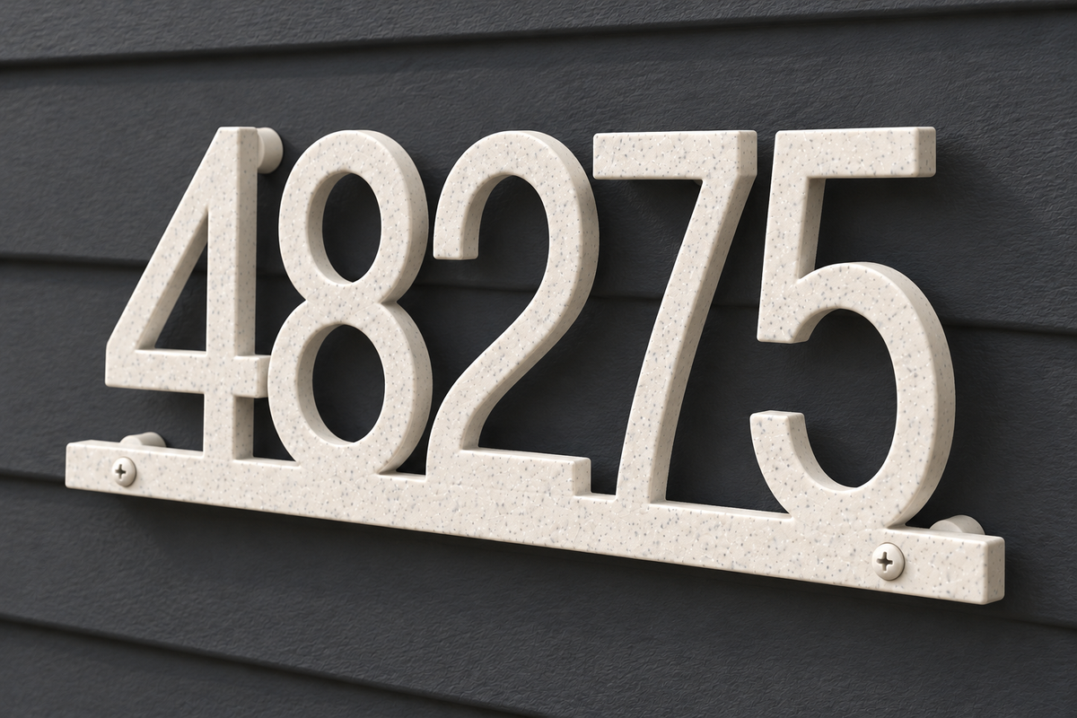 Marble floating house number sign 48275 with bottom rail — finish detail view