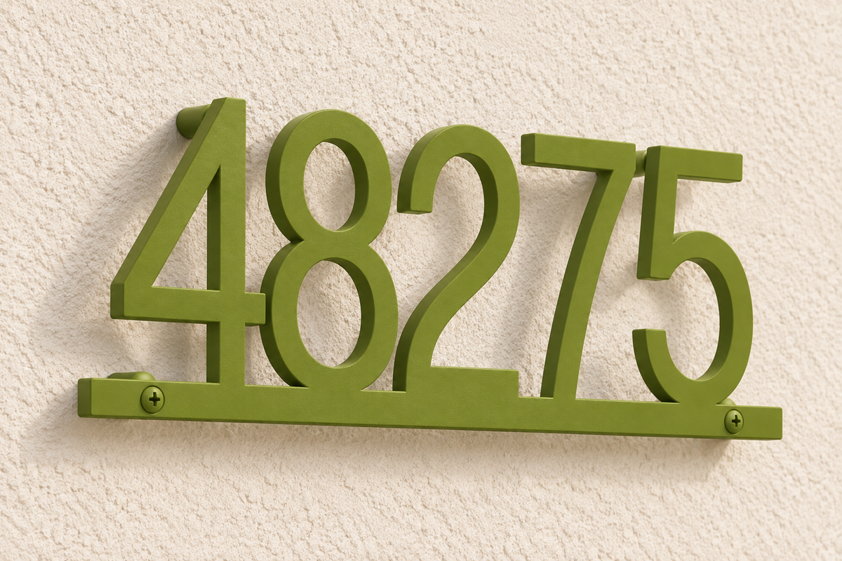 Natural Green floating house number sign 48275 with bottom rail — angled mount view