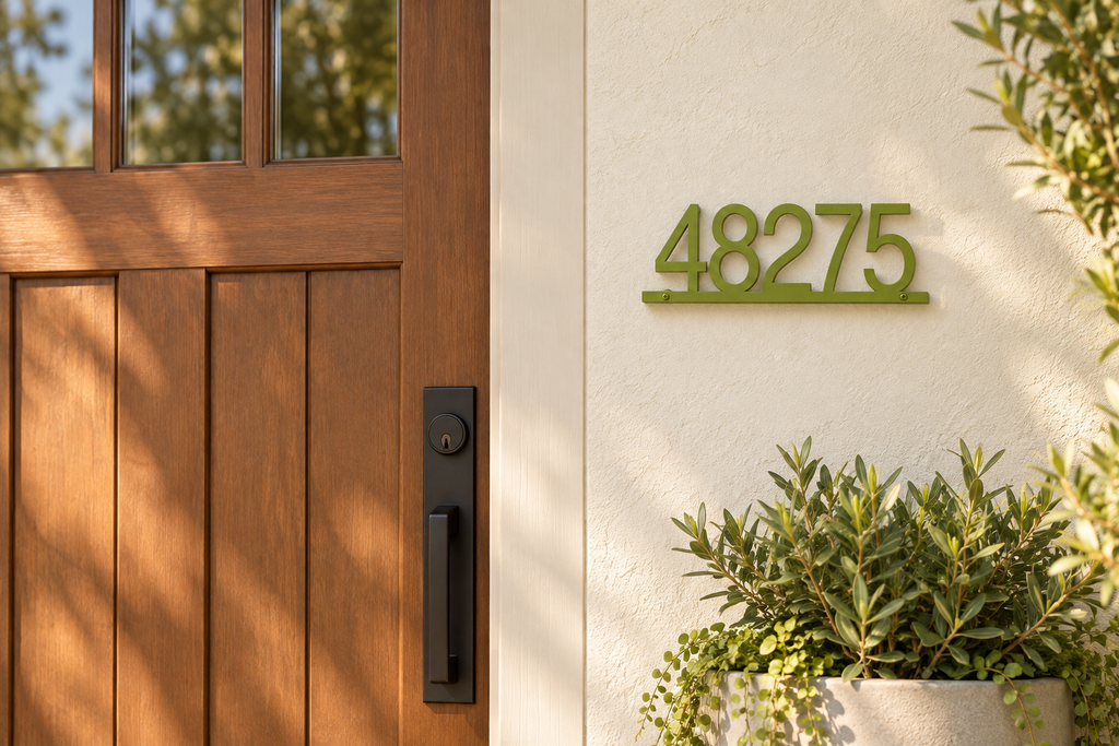 Natural Green floating house number sign 48275 with bottom rail — front door view