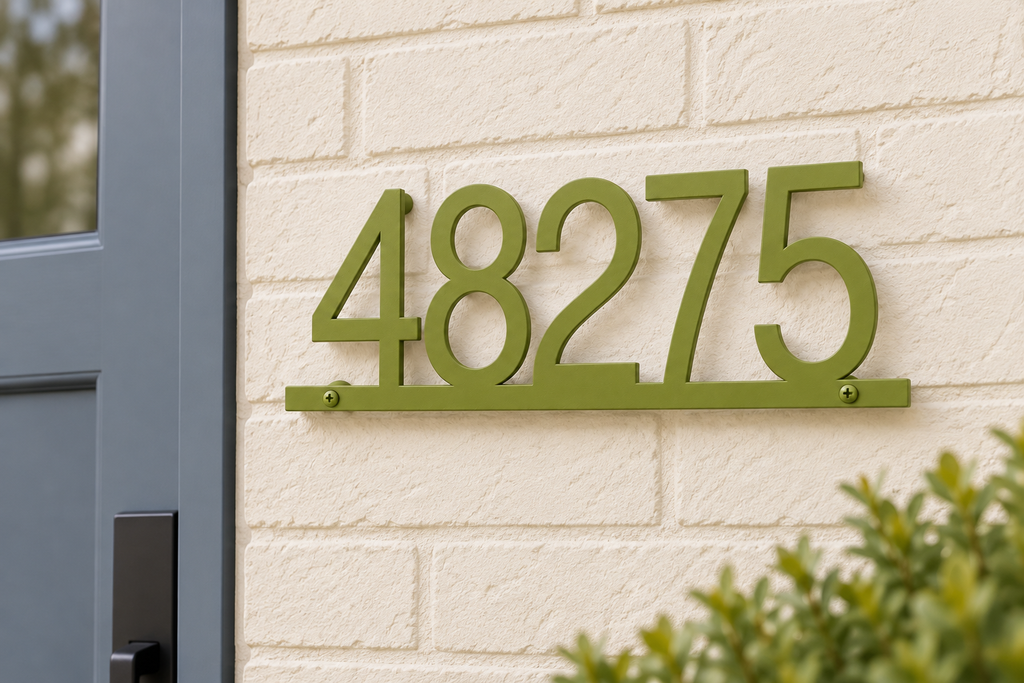 Natural Green floating house number sign 48275 with bottom rail — brick entry view