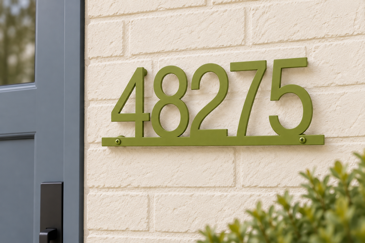 Natural Green floating house number sign 48275 with bottom rail — brick entry view