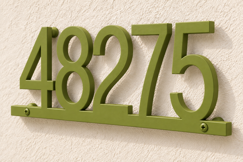 Natural Green floating house number sign 48275 with bottom rail — finish detail view