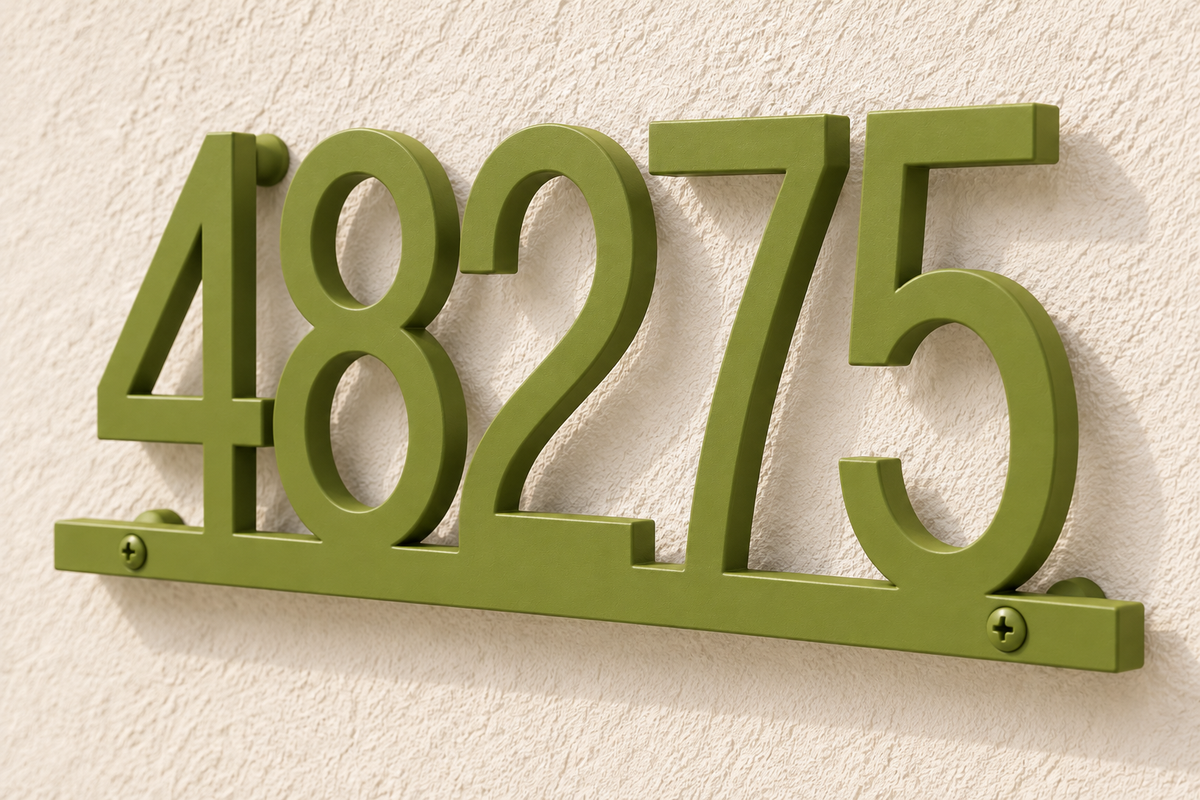 Natural Green floating house number sign 48275 with bottom rail — finish detail view