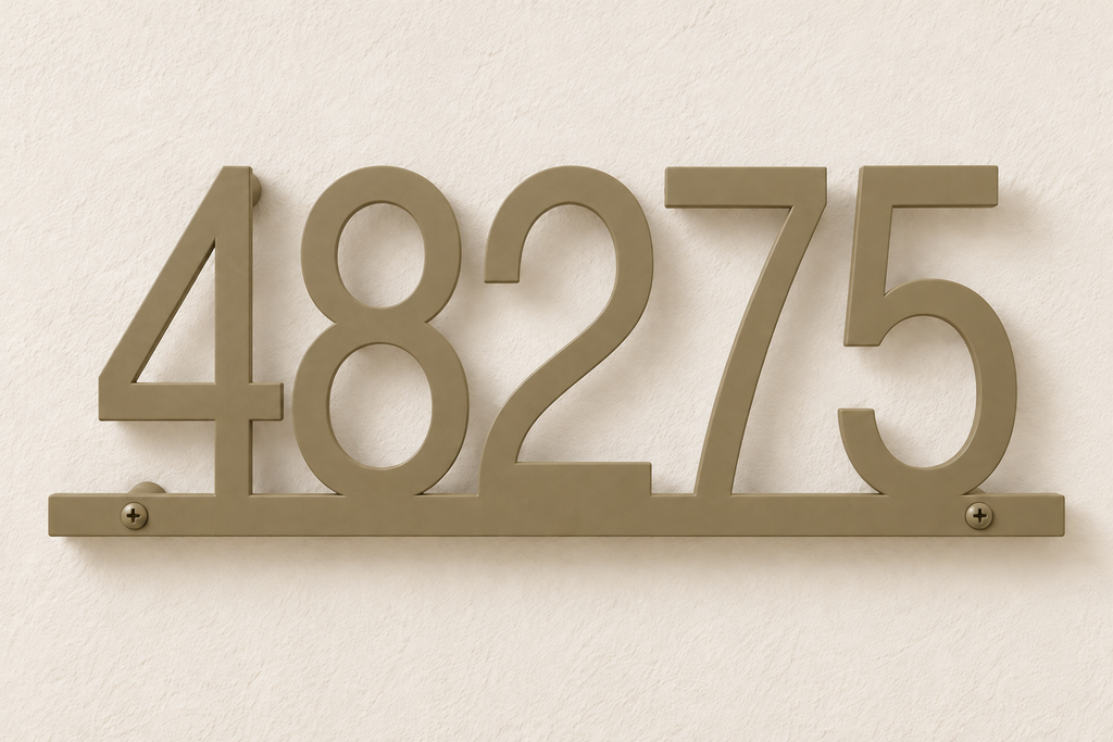 Olive Brown floating house number sign 48275 with bottom rail — front hero view