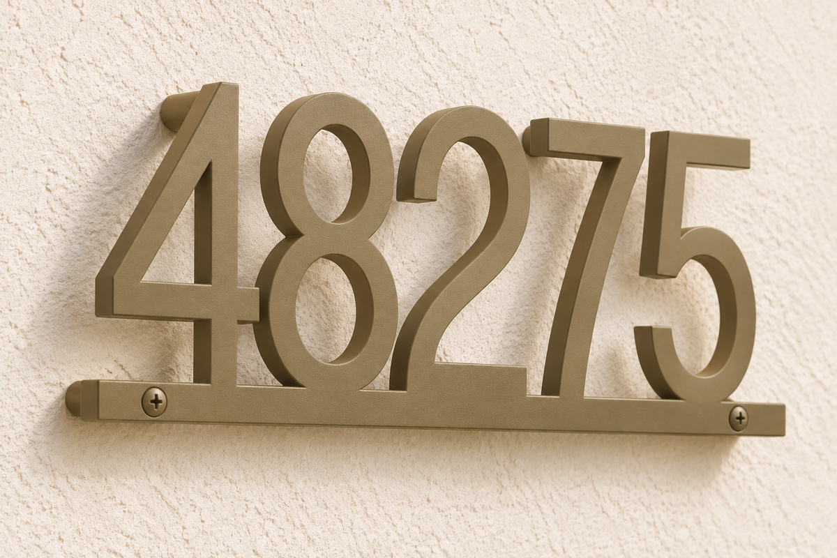 Olive Brown floating house number sign 48275 with bottom rail — angled mount view