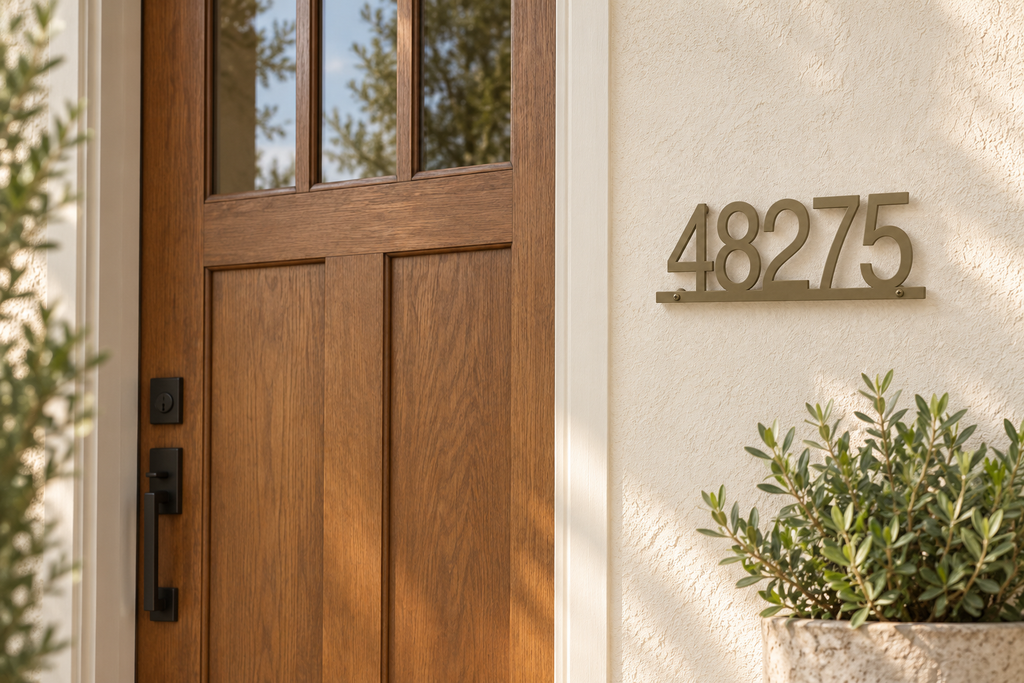 Olive Brown floating house number sign 48275 with bottom rail — front door view
