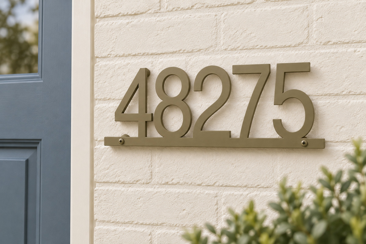 Olive Brown floating house number sign 48275 with bottom rail — brick entry view