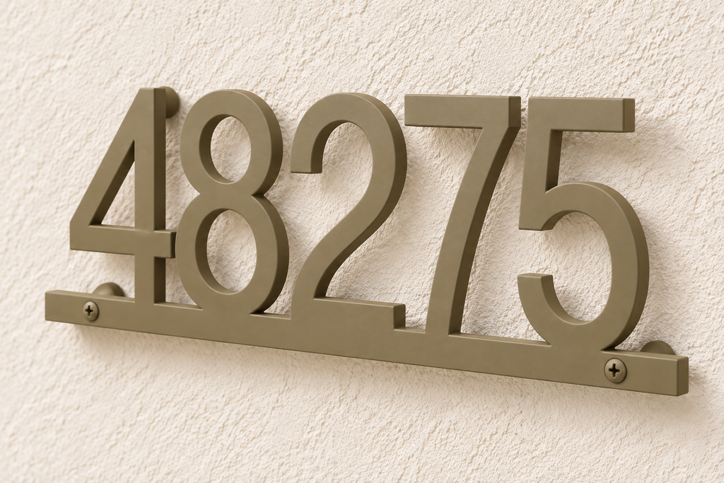 Olive Brown floating house number sign 48275 with bottom rail — finish detail view