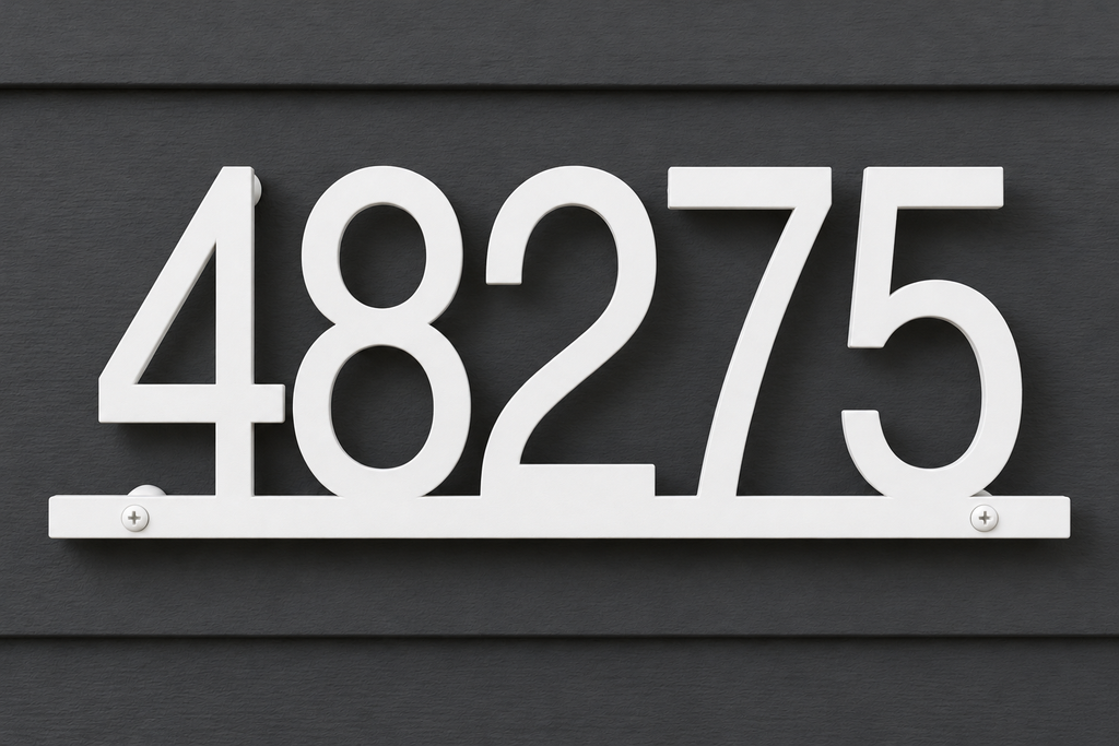 White floating house number sign 48275 with bottom rail — front hero view