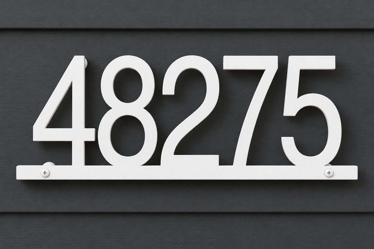 White floating house number sign 48275 with bottom rail — front hero view