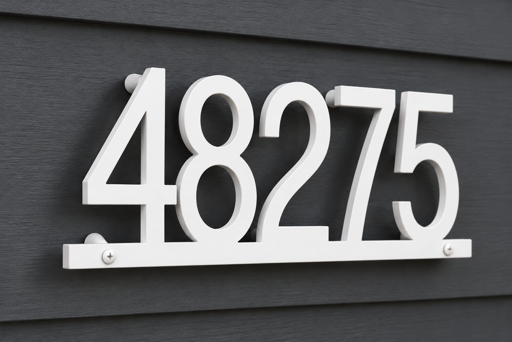 White floating house number sign 48275 with bottom rail — angled mount view