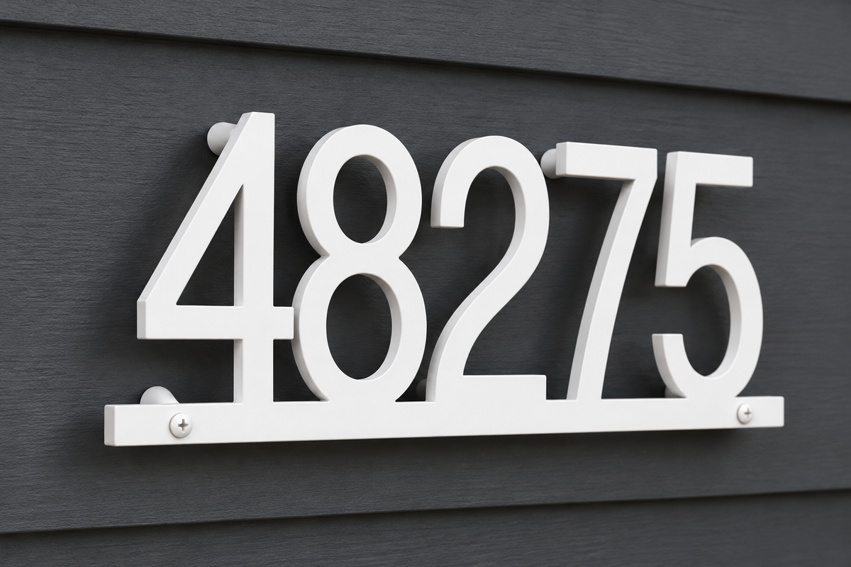 White floating house number sign 48275 with bottom rail — angled mount view