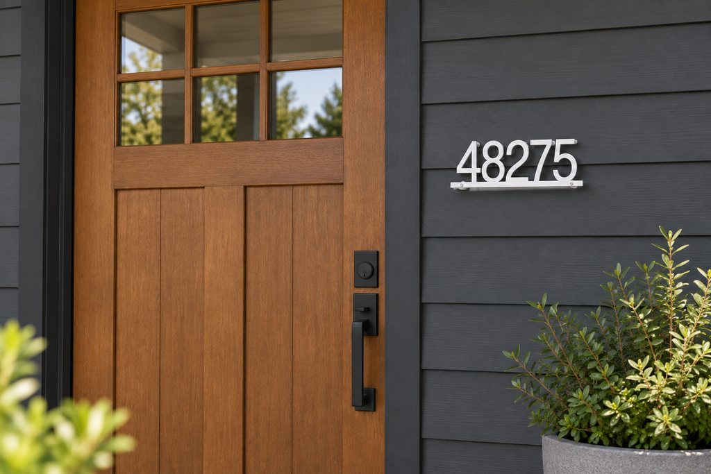 White floating house number sign 48275 with bottom rail — front door view