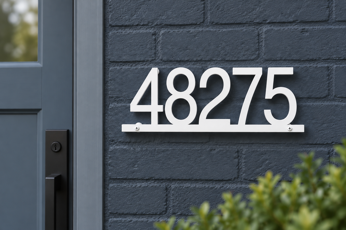 White floating house number sign 48275 with bottom rail — brick entry view