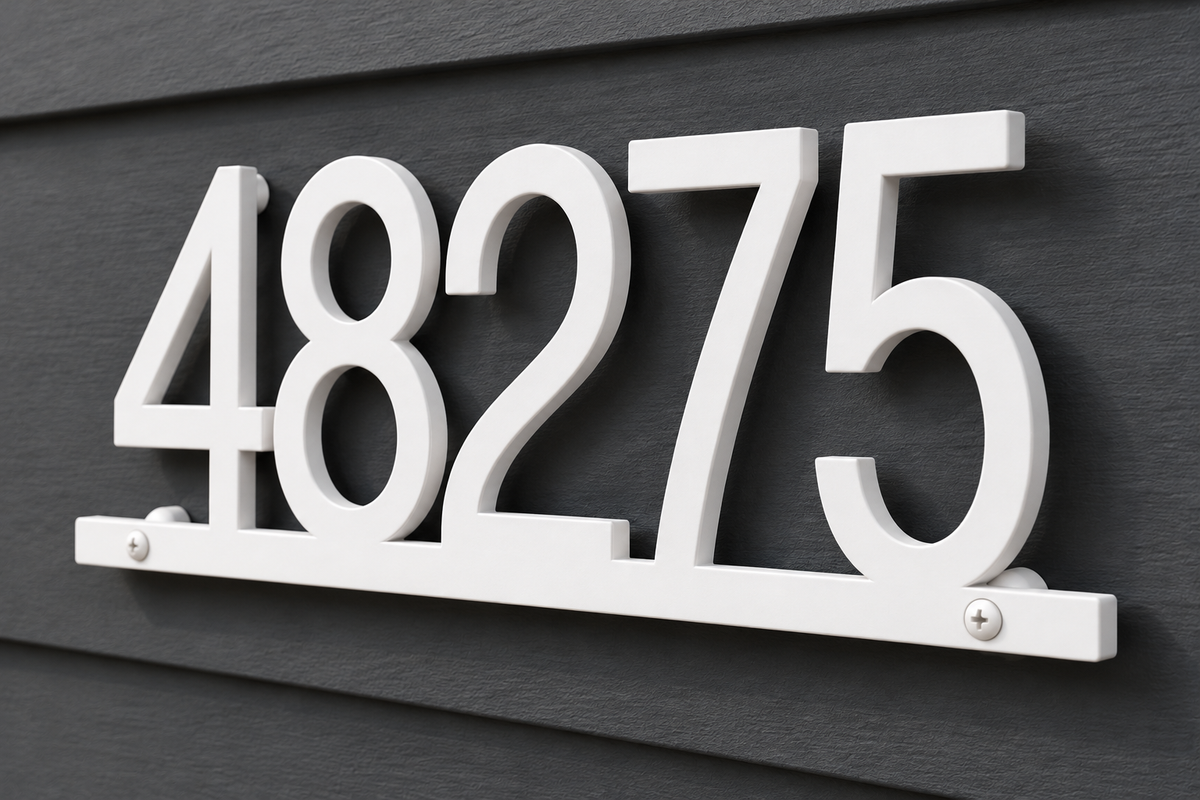 White floating house number sign 48275 with bottom rail — finish detail view