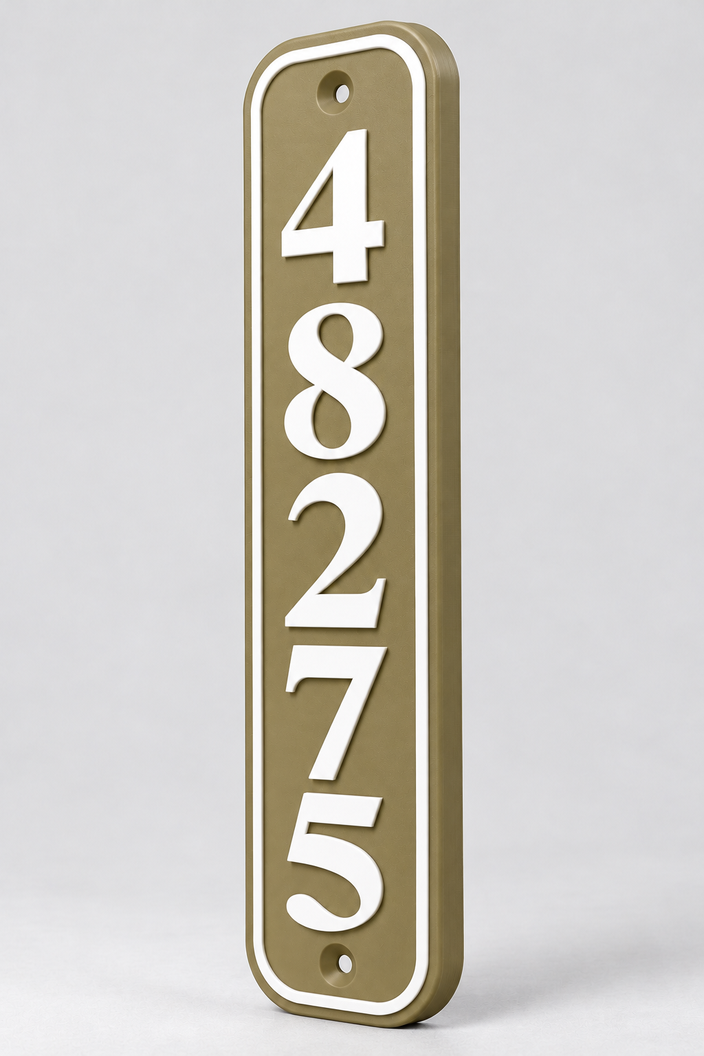 HSvertical-brw personalized rounded vertical house and mailbox number sign in brown / white, sample number 48275, angled product view