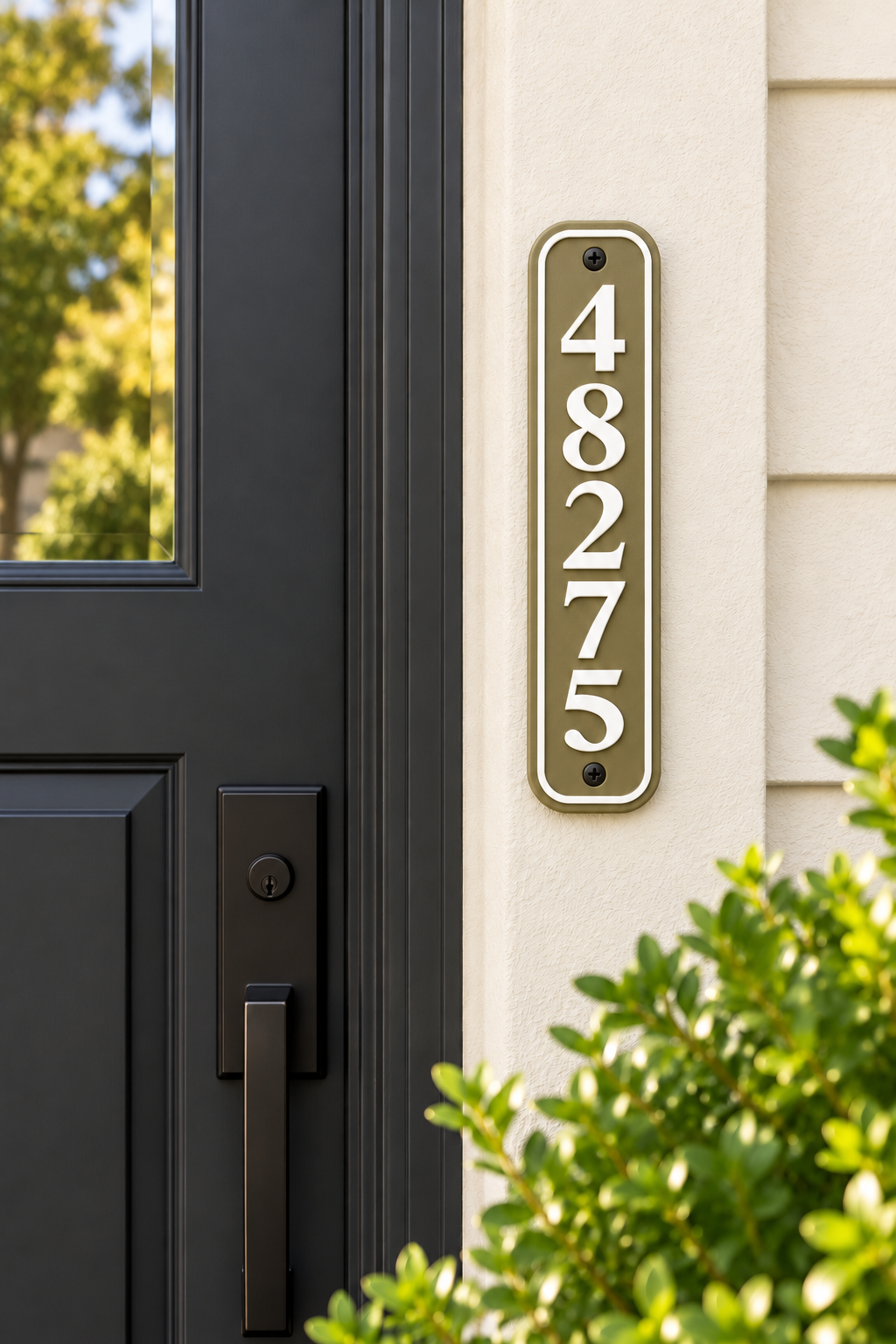 HSvertical-brw personalized rounded vertical house and mailbox number sign in brown / white, sample number 48275, house mounted view