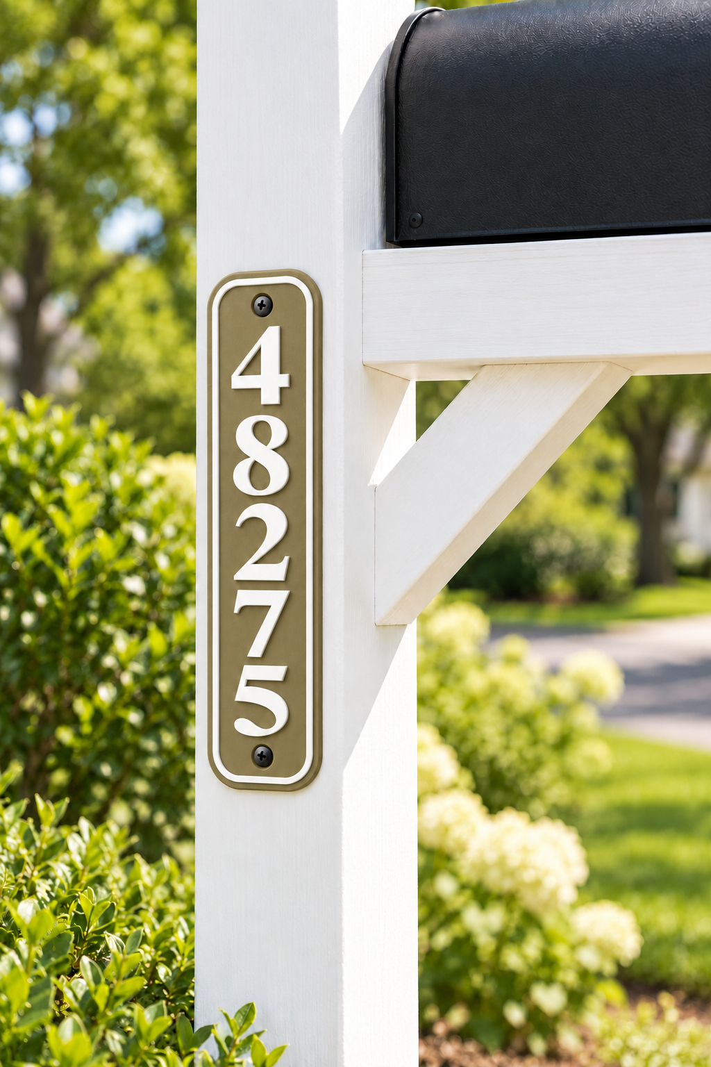HSvertical-brw personalized rounded vertical house and mailbox number sign in brown / white, sample number 48275, mailbox post view