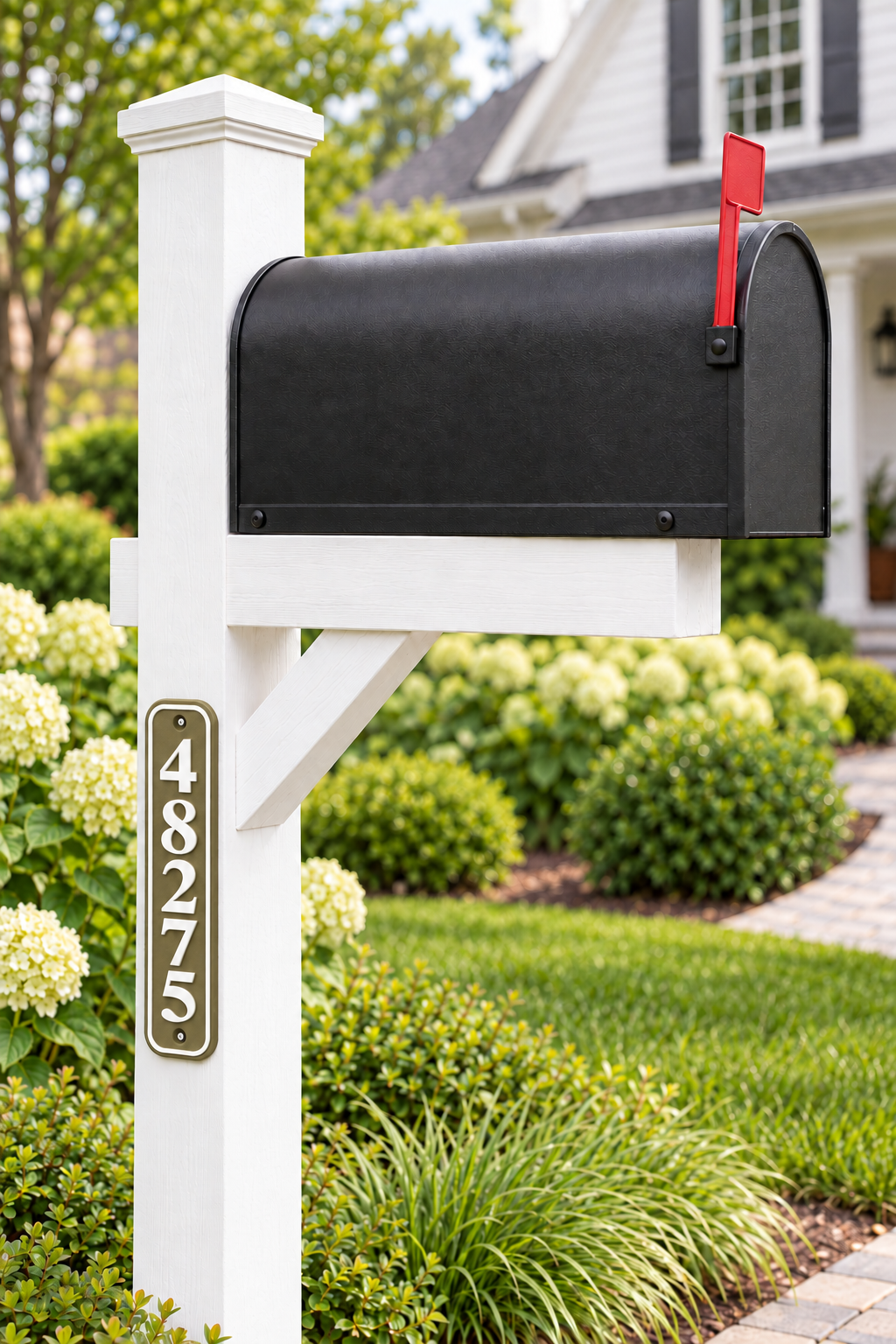 HSvertical-brw personalized rounded vertical house and mailbox number sign in brown / white, sample number 48275, mailbox landscape view
