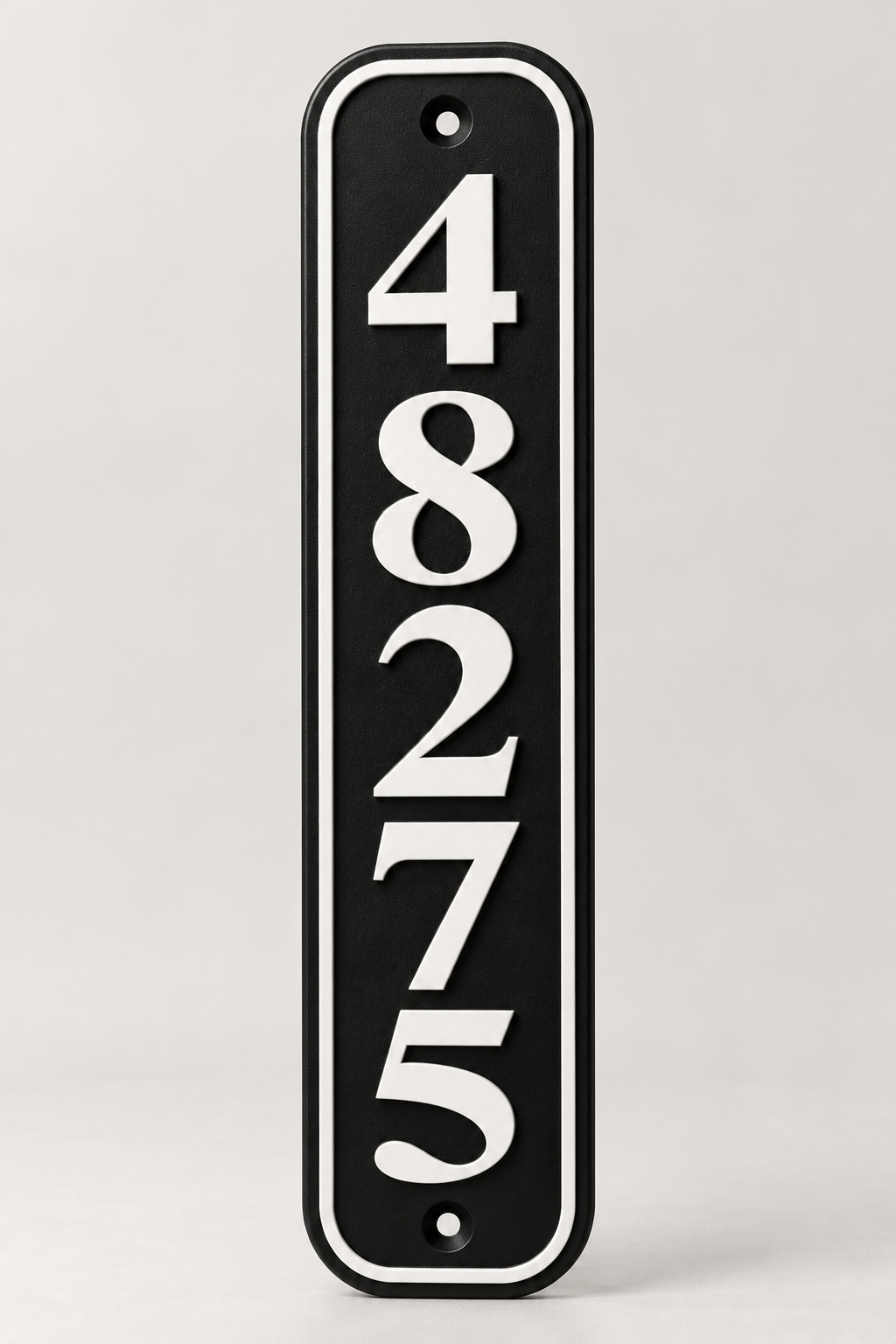 HSvertical-bw personalized rounded vertical house and mailbox number sign in black / white, sample number 48275, front product view
