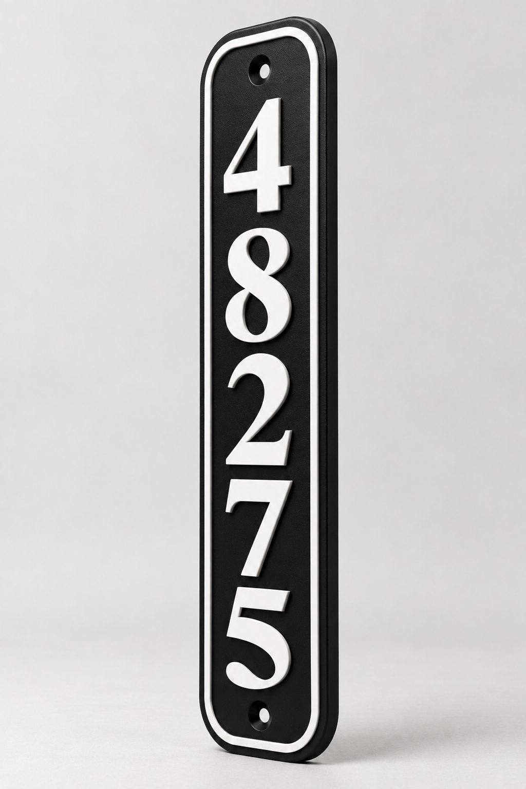 HSvertical-bw personalized rounded vertical house and mailbox number sign in black / white, sample number 48275, angled product view