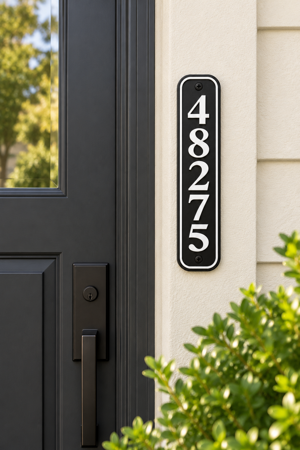 HSvertical-bw personalized rounded vertical house and mailbox number sign in black / white, sample number 48275, house mounted view