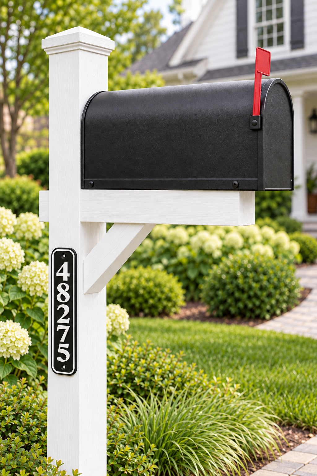 HSvertical-bw personalized rounded vertical house and mailbox number sign in black / white, sample number 48275, mailbox landscape view