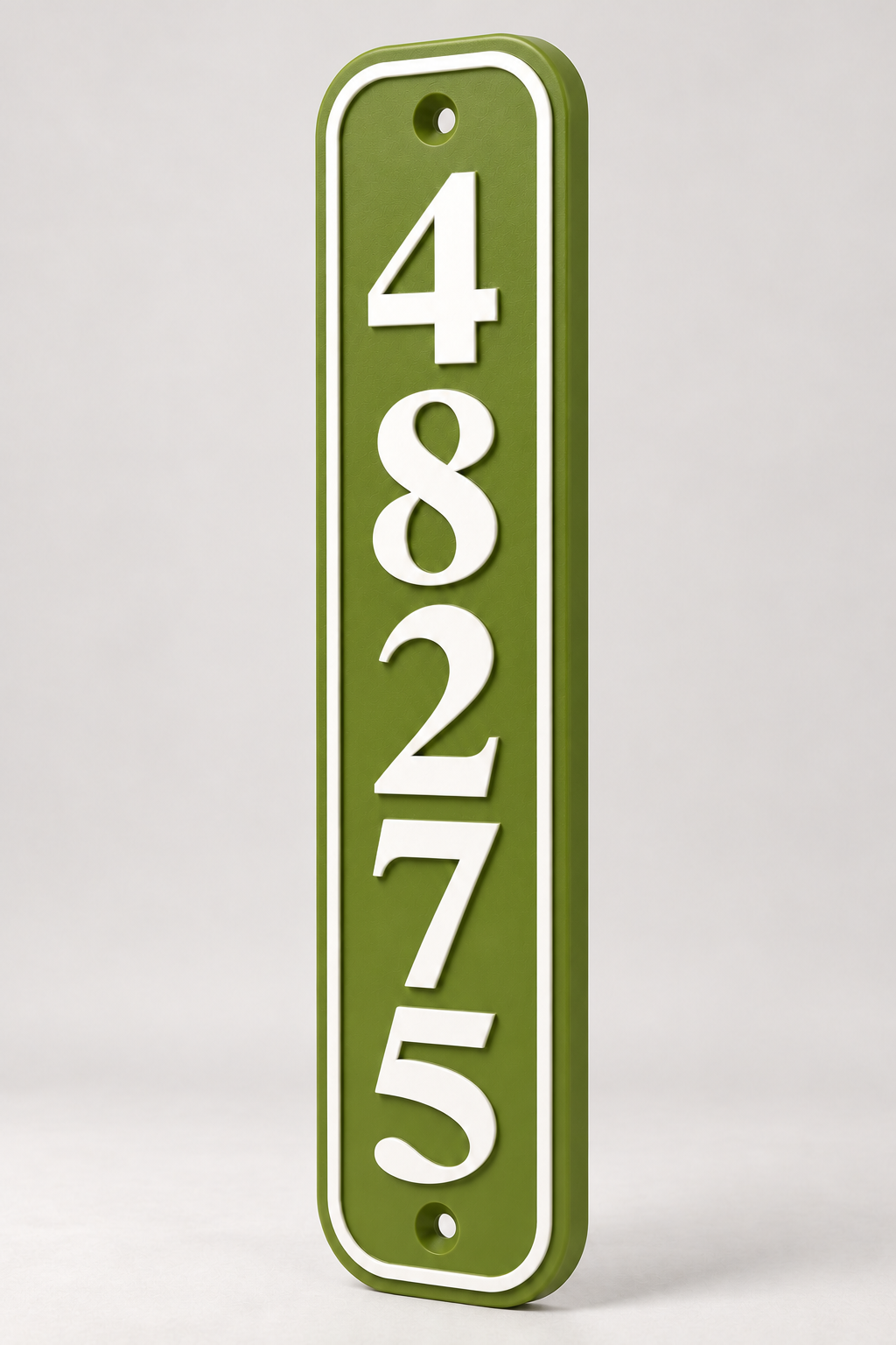 HSvertical-gw personalized rounded vertical house and mailbox number sign in green / white, sample number 48275, angled product view