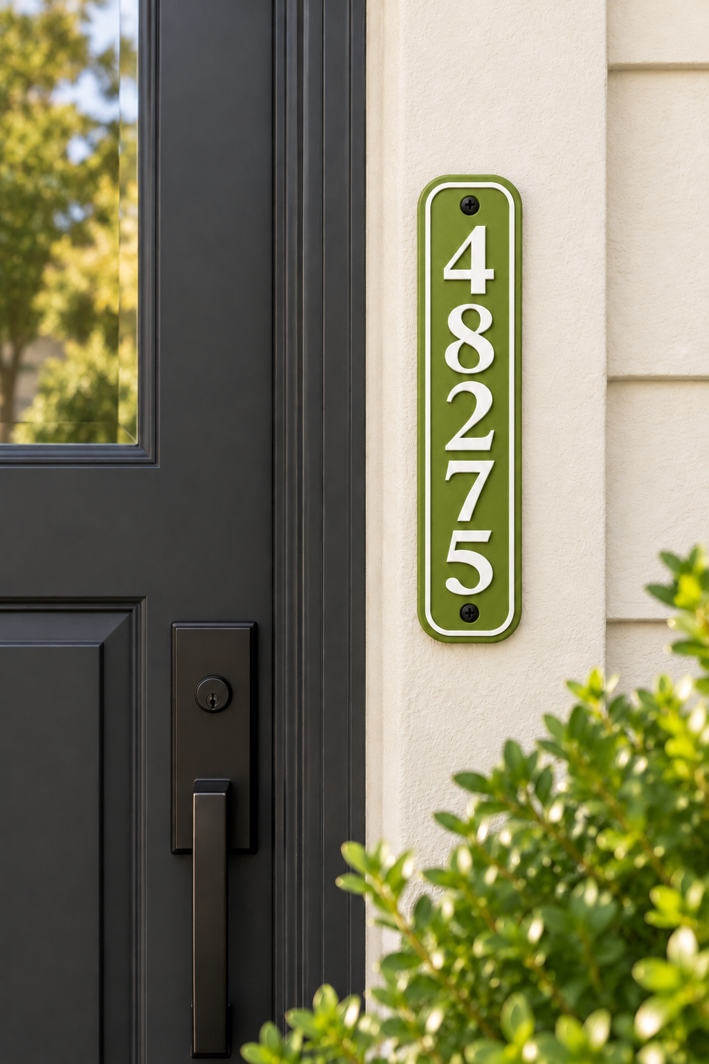 HSvertical-gw personalized rounded vertical house and mailbox number sign in green / white, sample number 48275, house mounted view