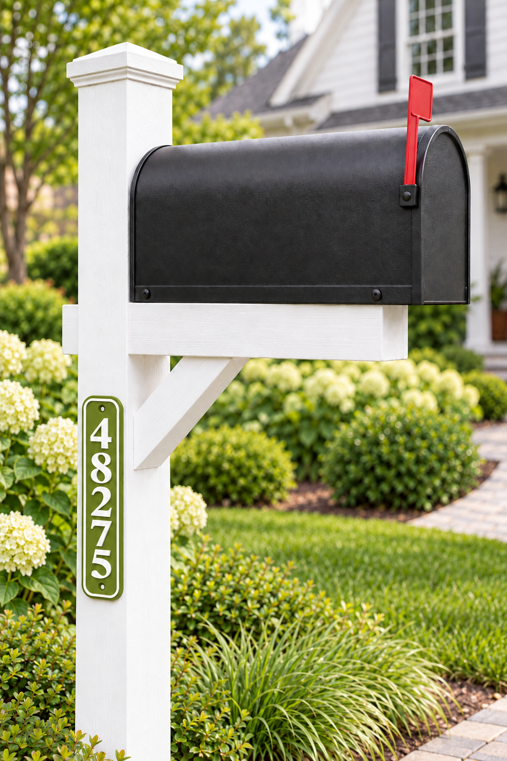 HSvertical-gw personalized rounded vertical house and mailbox number sign in green / white, sample number 48275, mailbox landscape view