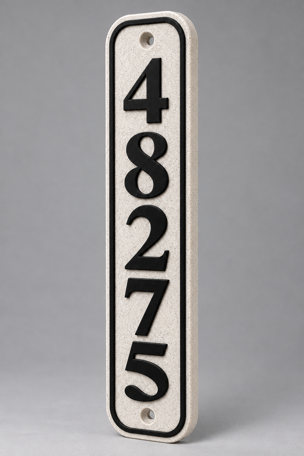 HSvertical-mb personalized rounded vertical house and mailbox number sign in marble / black, sample number 48275, angled product view
