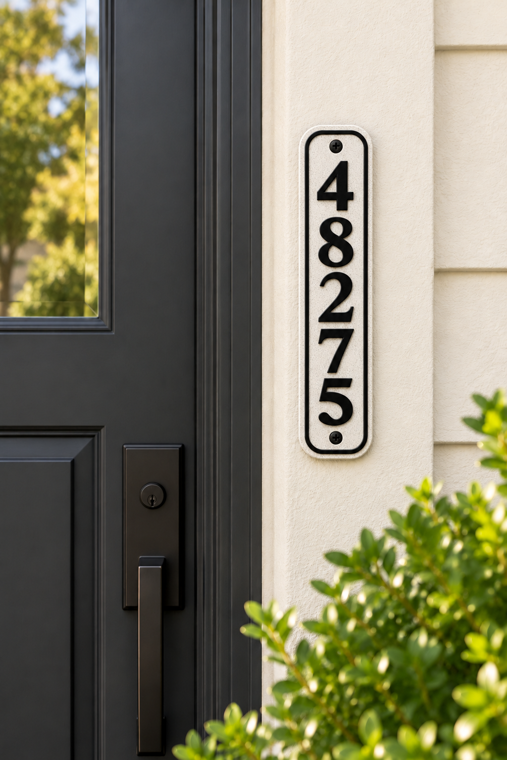 HSvertical-mb personalized rounded vertical house and mailbox number sign in marble / black, sample number 48275, house mounted view
