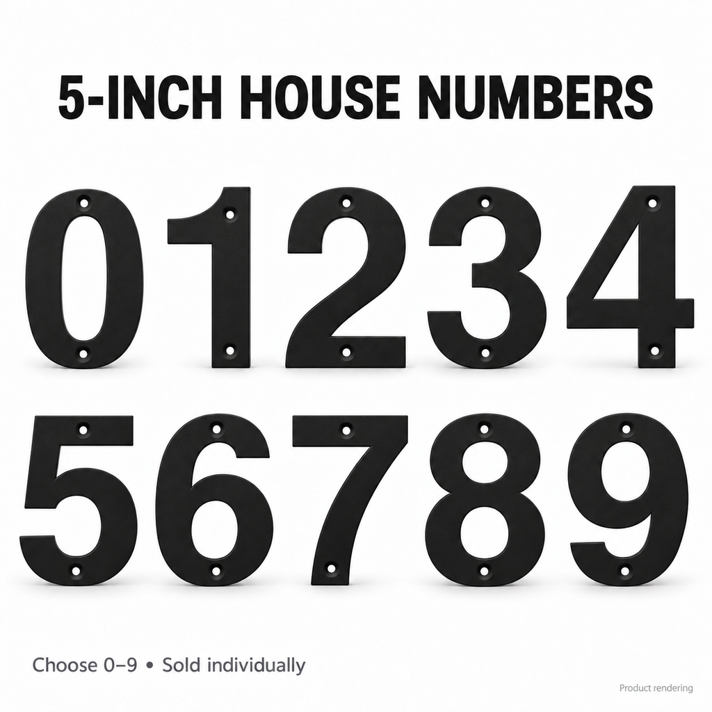 Product rendering of 5-inch black ASA house numbers 0 through 9, sold individually
