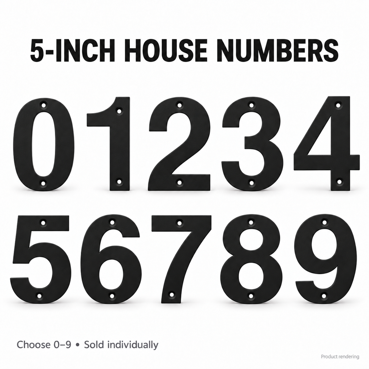 Product rendering of 5-inch black ASA house numbers 0 through 9, sold individually