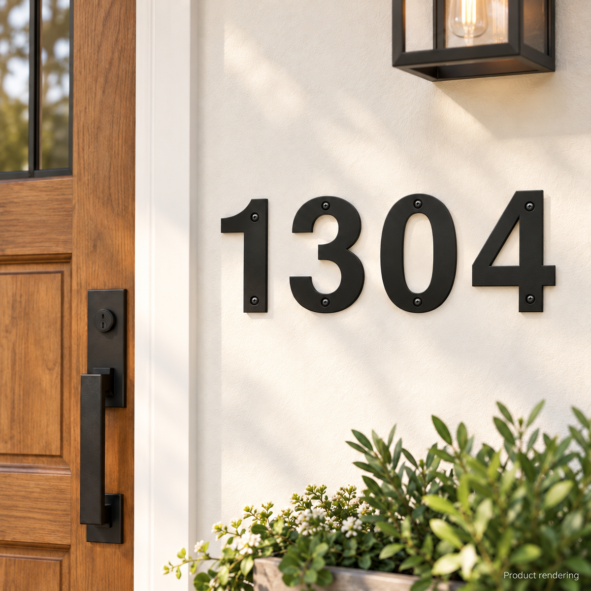 Product rendering of individual black house numbers 1304 mounted beside a front door