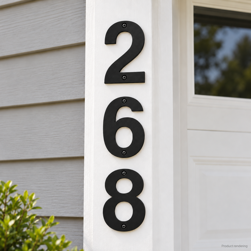 Product rendering of black house numbers 268 arranged vertically beside a garage
