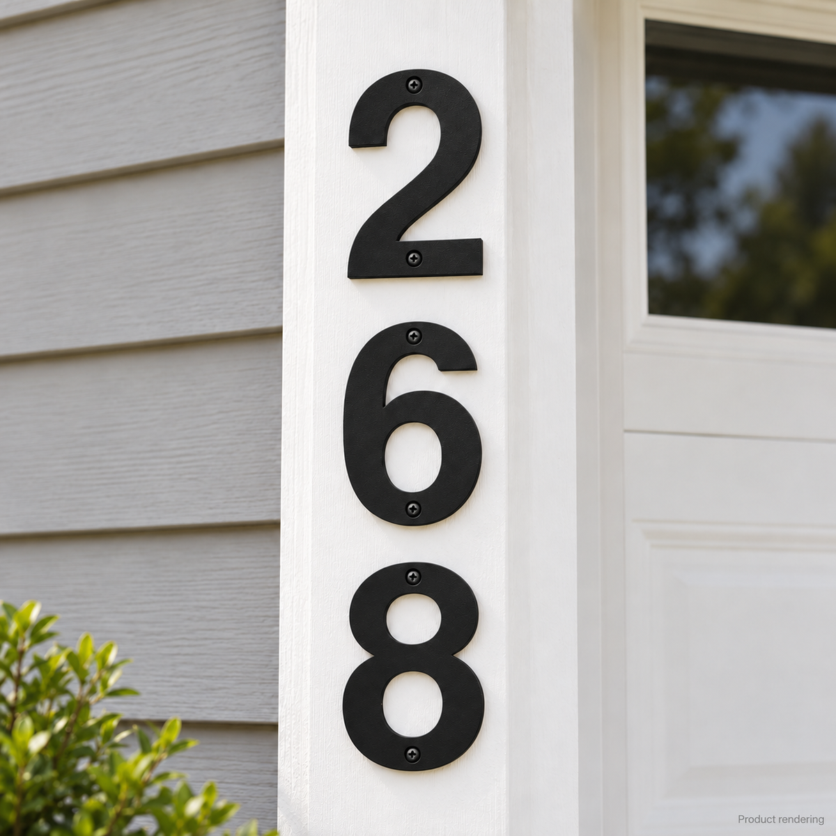Product rendering of black house numbers 268 arranged vertically beside a garage