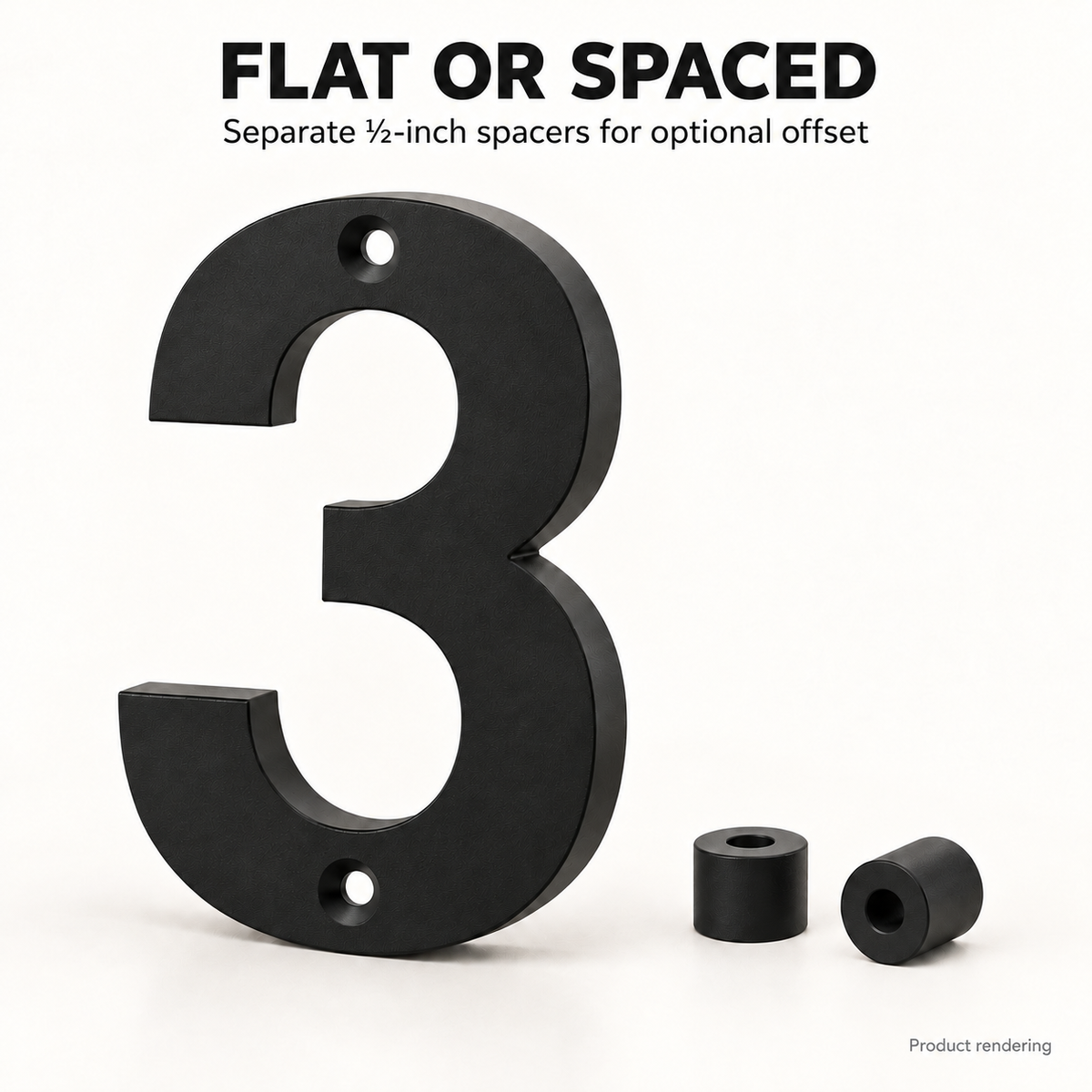 Product rendering of a flat black house number 3 with two separate half-inch spacers