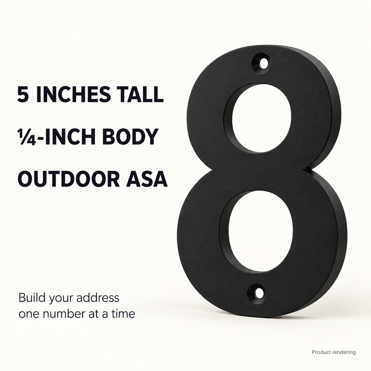 Product rendering showing a 5-inch-tall black ASA number 8 with a quarter-inch body